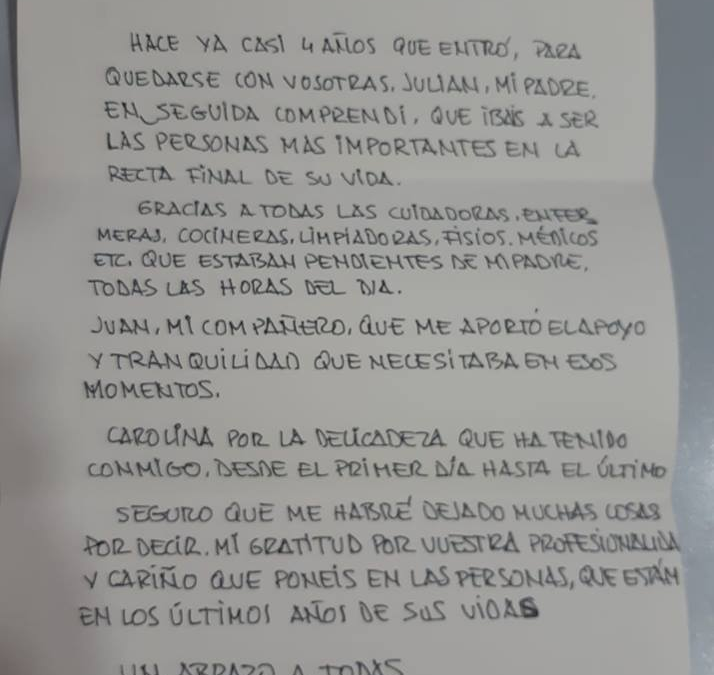 Emotiva carta del hijo de uno de nuestros residentes de Residencia Torres de Serranos