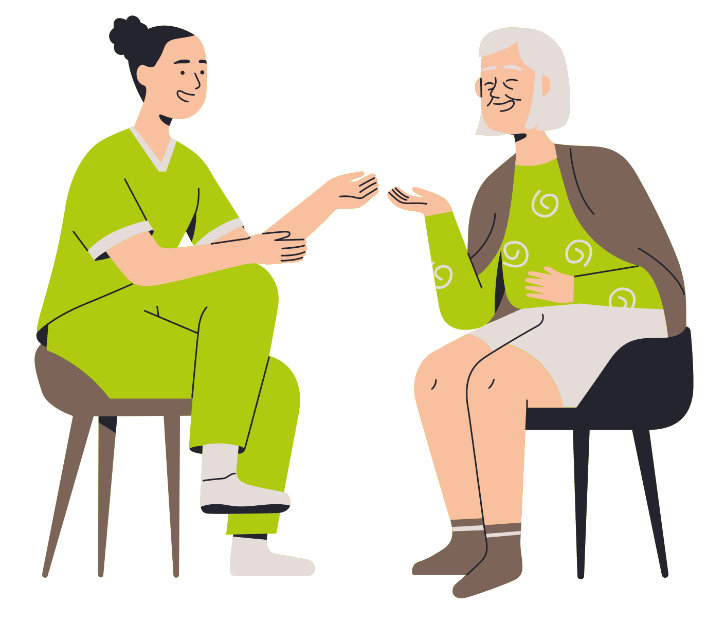 Ilustración de una persona mayor hablando con una asistente